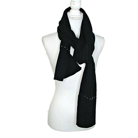 A New Day Scarf Black Ribbed Knit Long 78" Length Gray Pearl Accent Soft Acrylic - Picture 1 of 11